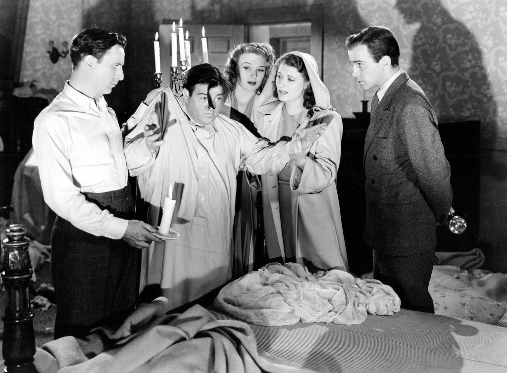 Left to right: Bud Abbott, Lou Costello, Evelyn Ankers, Joan Davis and Richard Carlson in HOLD THAT GHOST (1941), directed by Arthur Lubin.